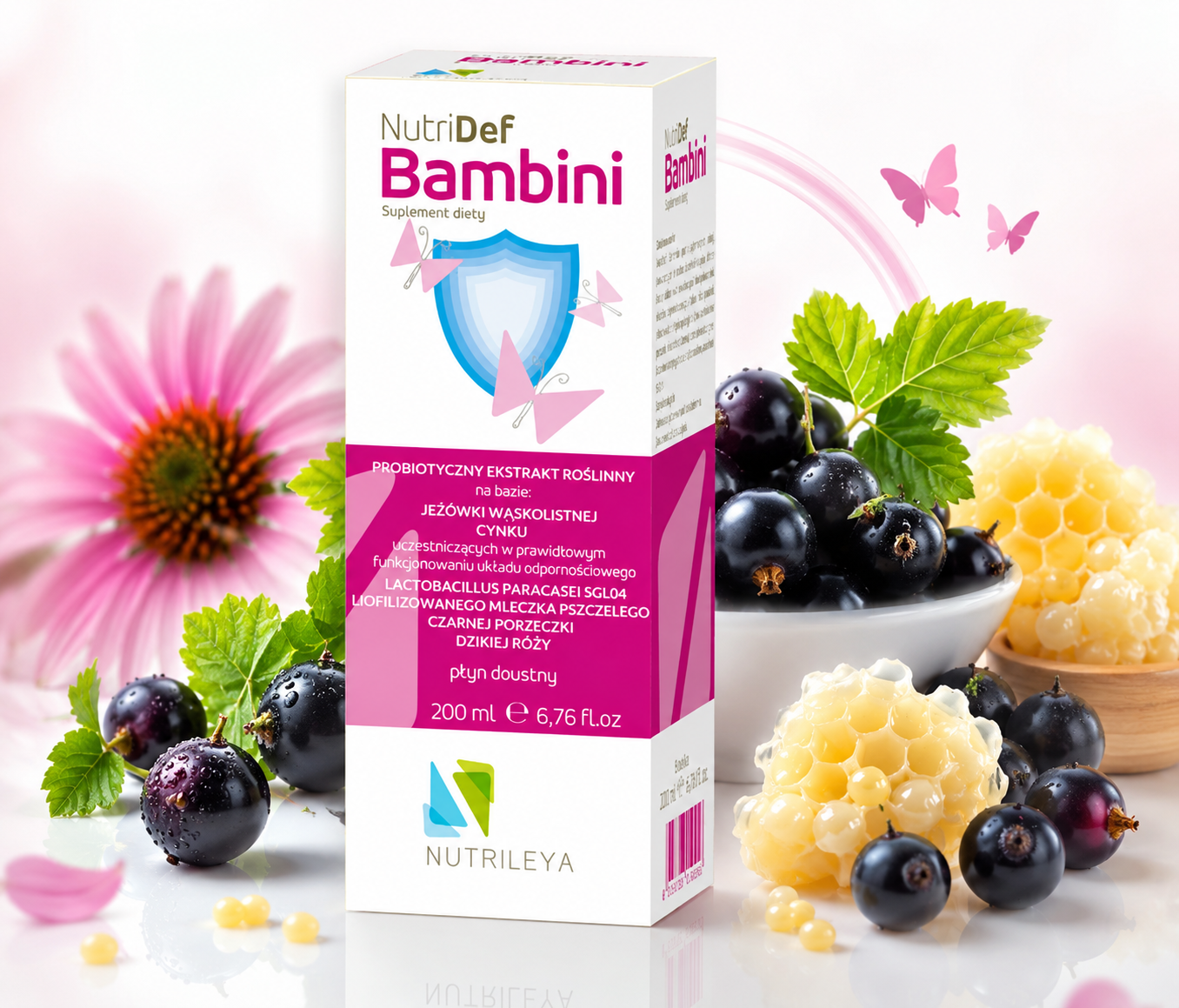 NutriDef Bambini wśród naturalnych składników — mleczko pszczele, czarna porzeczka, zielone liście